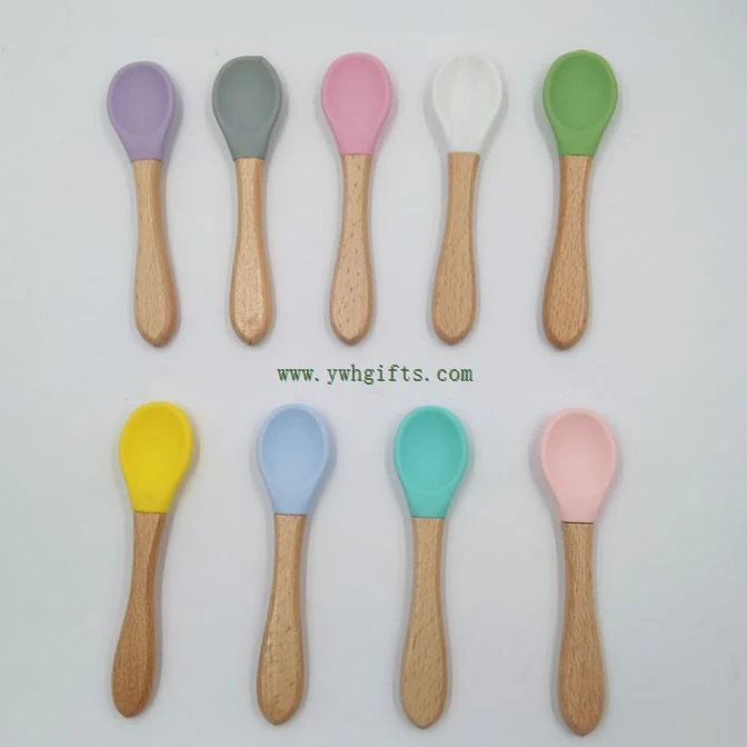 New Child Safety Silicone Baby Feeding Spoon Soup Spoon Wooden Spoon